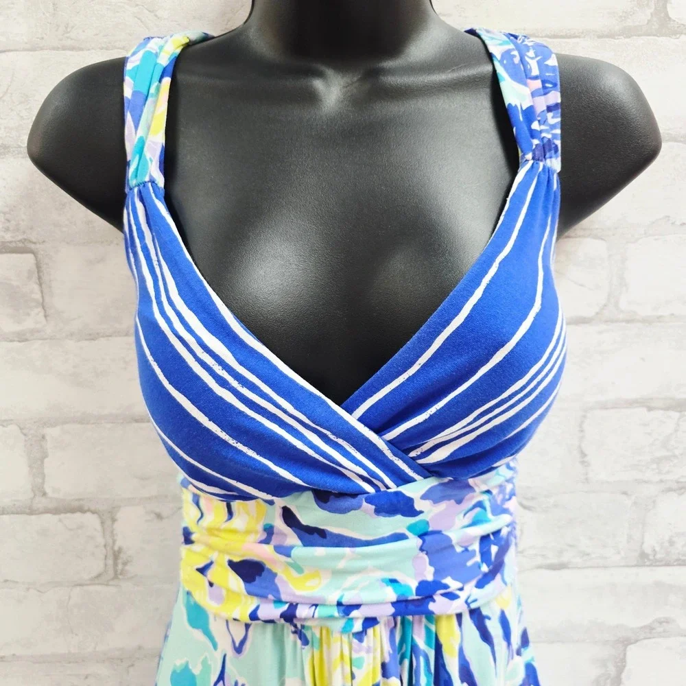 Lilly Pulitzer XS Blue White Striped Floral Tropical V-Neck Cross Back Dress - Picture 2 of 11